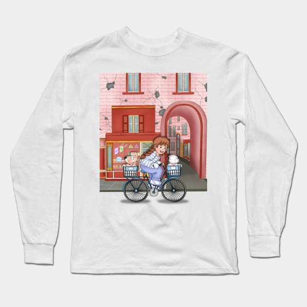 Cute Girl Cycling Around The Town With Dog And Cat Long Sleeve T-Shirt by Athikan